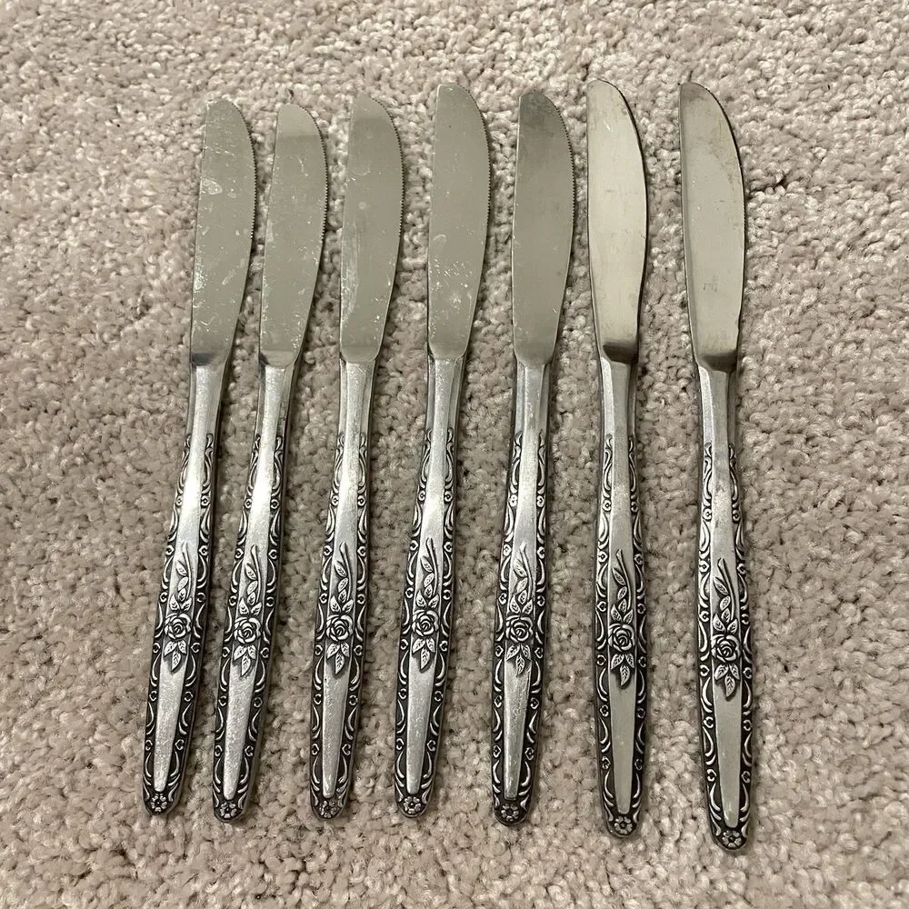 Interpur Rose Scroll Dinner Knives Set of 7 Stainless Steel Flatware 8.5” Japan
